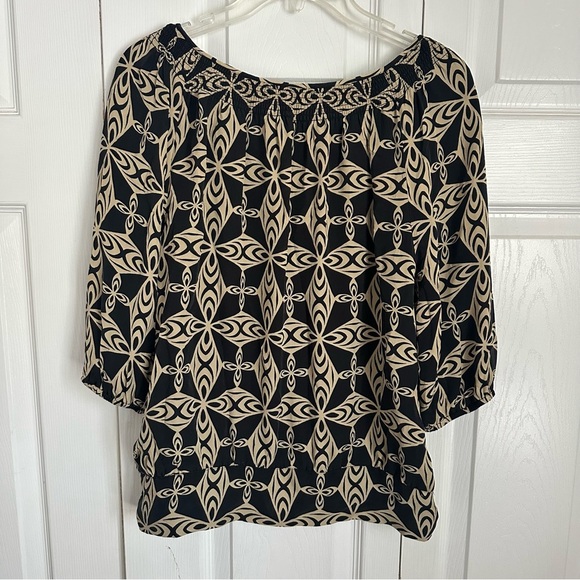 Anne Klein Blouse Womens Petite Small Silk Geometric Boho Peasant Top - Picture 2 of 12